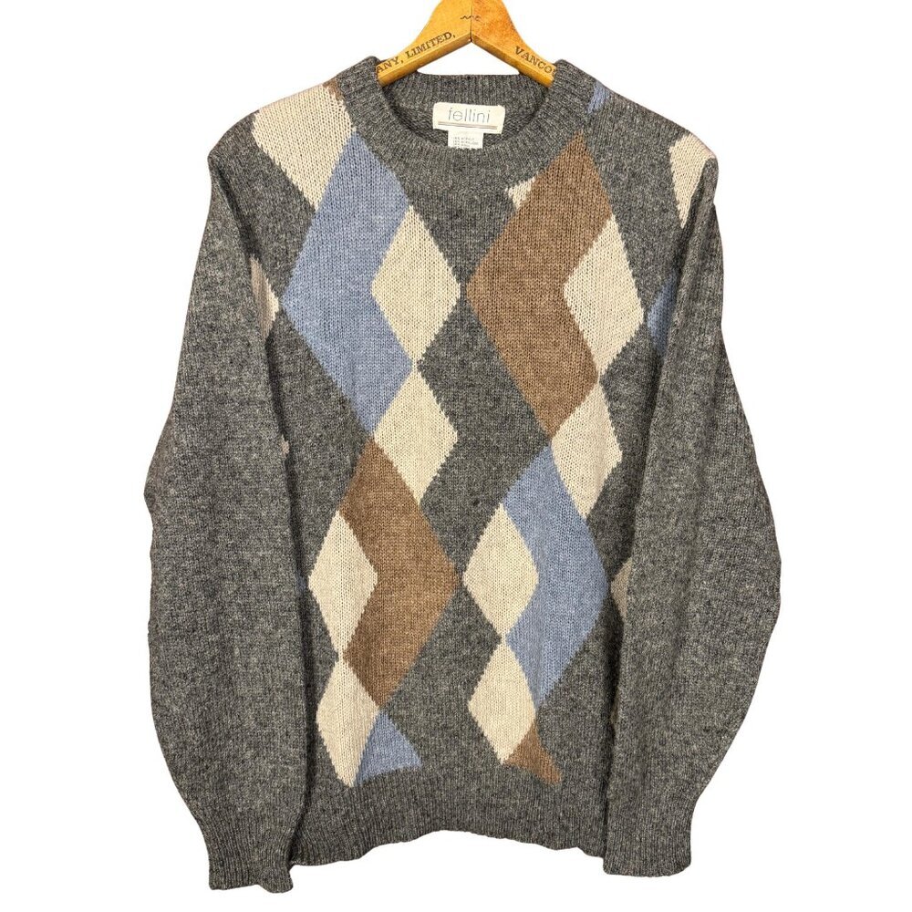 Vintage Argyle Wool Blend Sweater Medium Fellini Grey Academia Knit